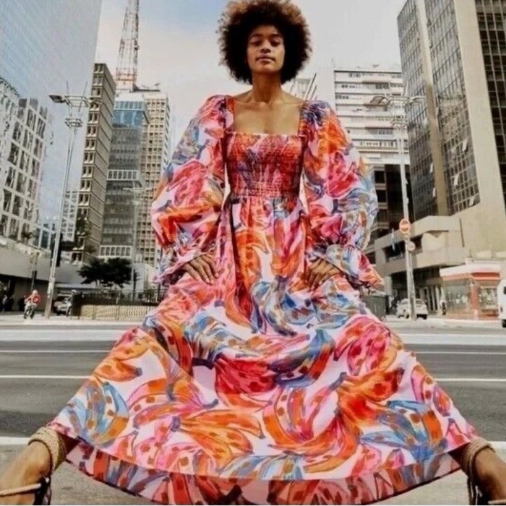 Farm Rio Coloured Bananas Tropical Chic Resort Wear Smocked Maxi Dress M - Picture 3 of 15